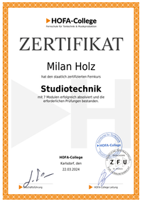 HOFA Studiotechnik Zertifikat